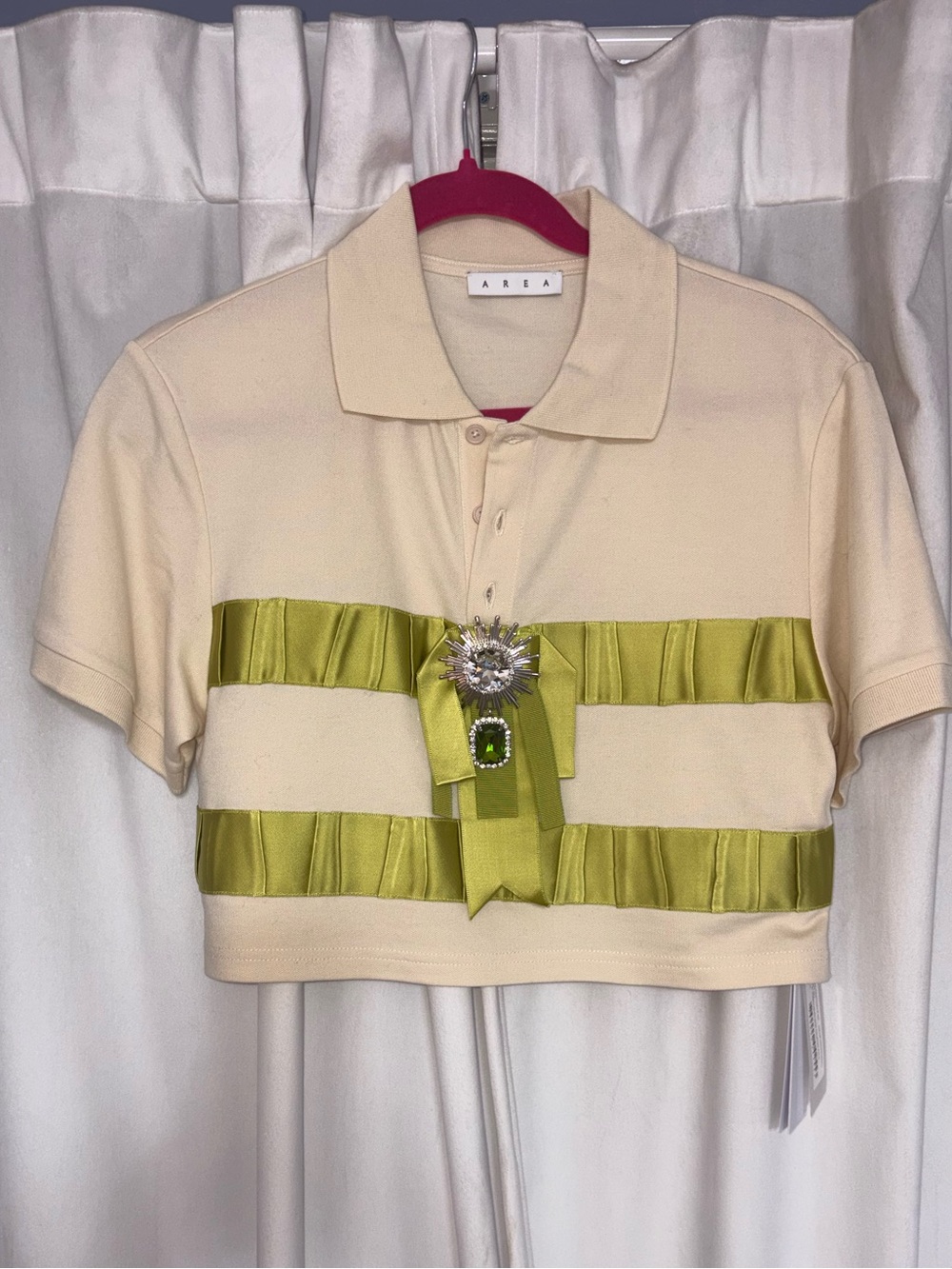 AREA Cream Crop Polo with Lime Green Ribbon and Jeweled Brooch